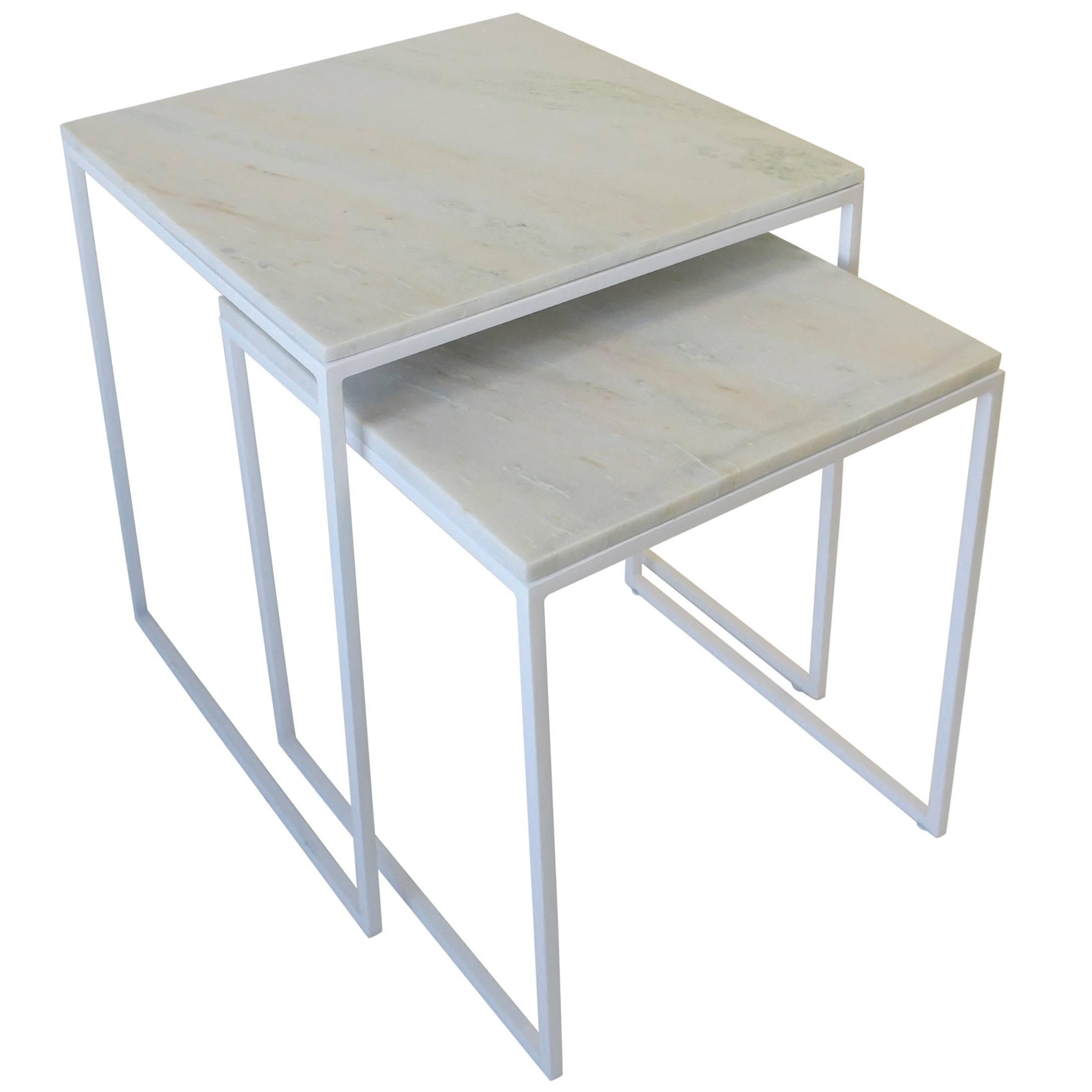 White Marble Nesting End Tables, Pair 