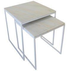 White Marble Nesting End Tables, Pair