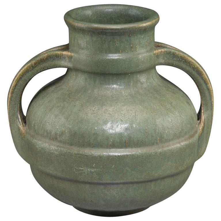 Fulper Arts and Crafts Hammered Green Split Strapped Handled Vase, 1900