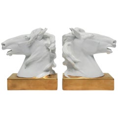 European White and Gold Porcelain Horse Bookends or Decorative Object Sculptures