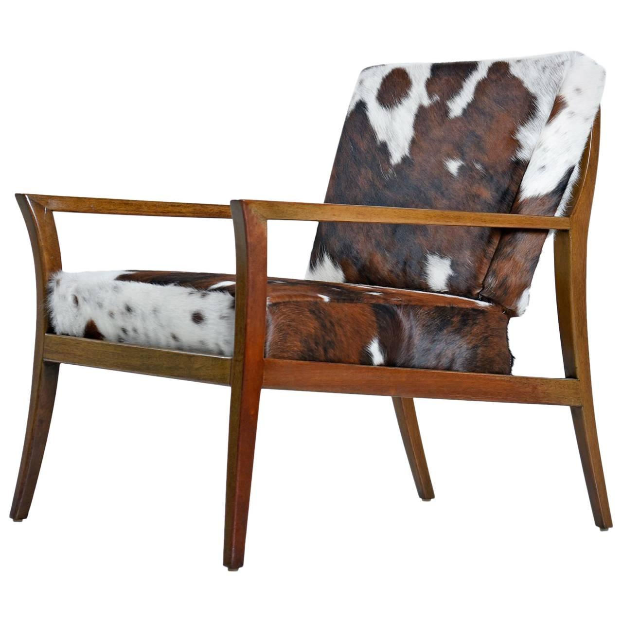 Restored Robsjohn-Gibbings Style Flared Arm Mahogany Lounge Chair in Cowhide