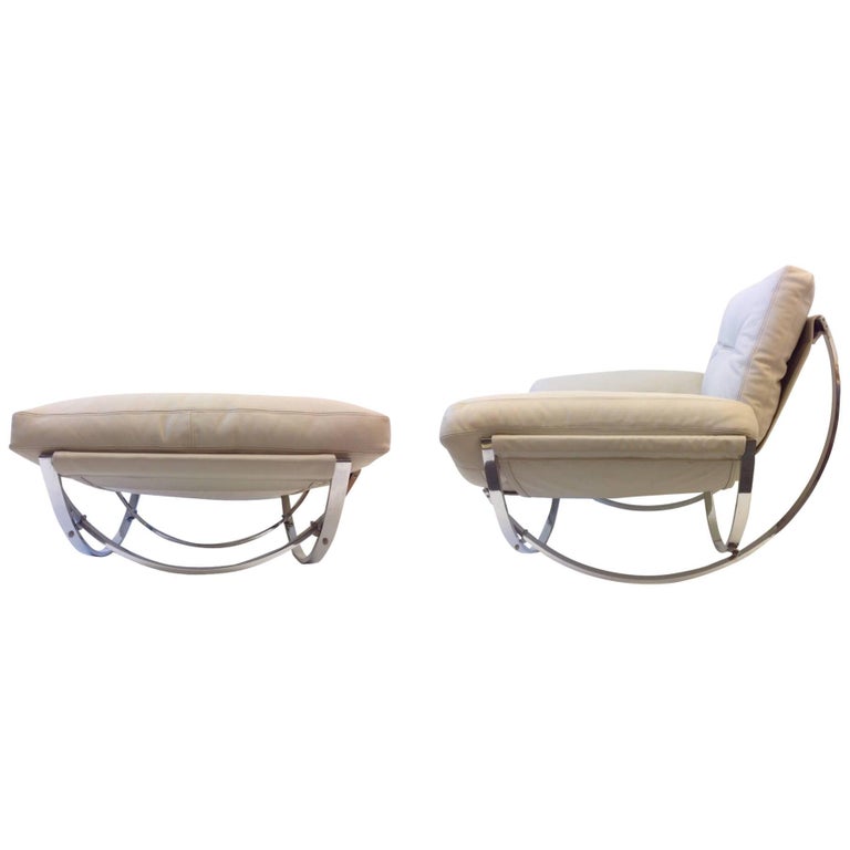 Italian Polish Stainless Steel and Leather Lounge Chair and Ottoman at