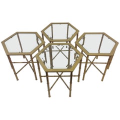 Set of Four Aged Brass and Glass Hexagonal Side Tables by Mastercraft