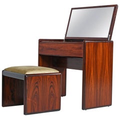 Vintage Danish Modern Rosewood Flip-Top Storage Vanity Desk and Stool Set