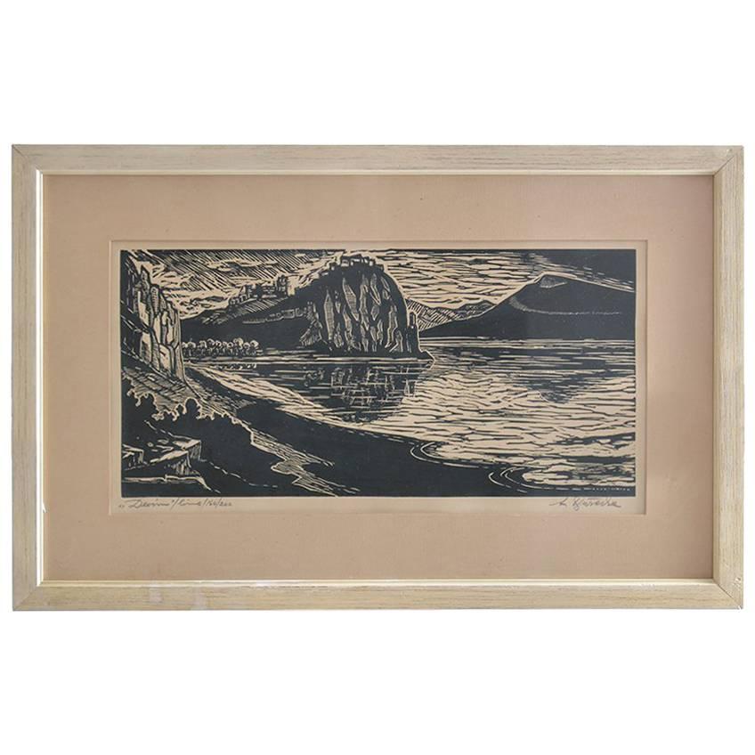 Framed Linocut Art Devin by Duracka, Czechoslovakia, circa 1960 For Sale