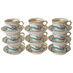 Nine Old Paris Porcelain Sevres Style Teacups and Saucers, France, circa 1880