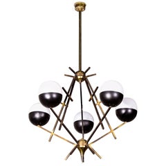 Stilnovo Pendant with Lacquered Brass Structure and Five Opaline Diffusers