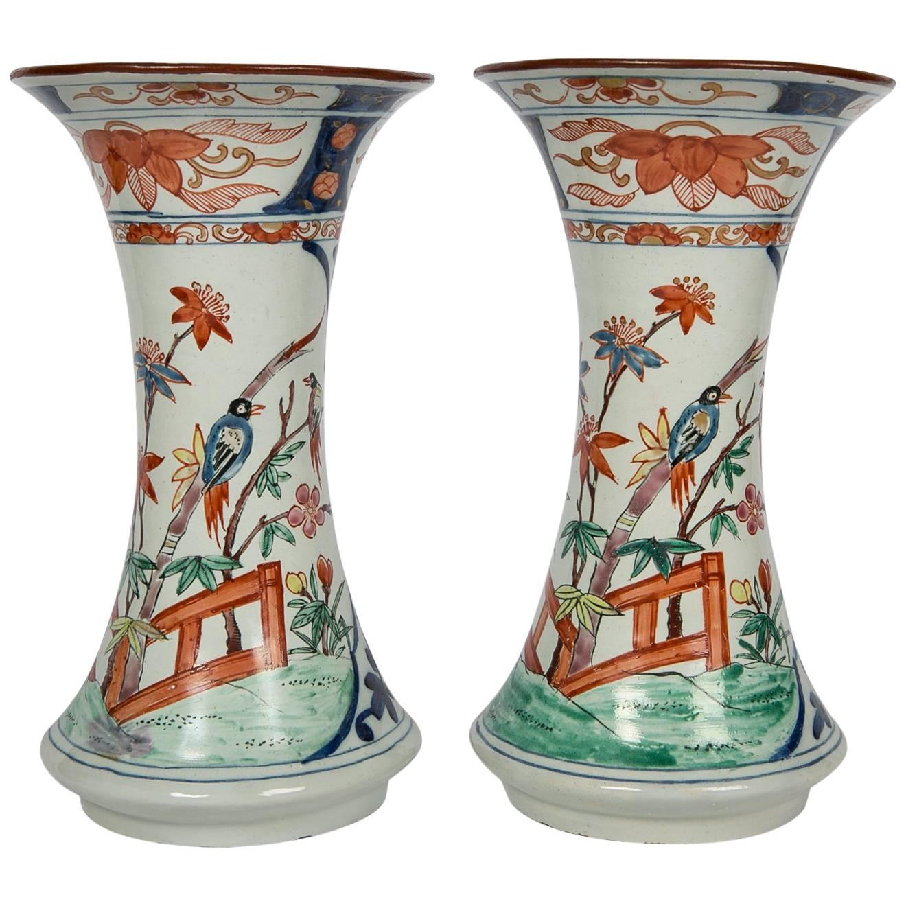 Pair of Dutch Delft Vases in Imari Style Colors