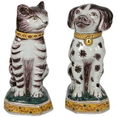 Antique Pair of Delft Dog and Cat