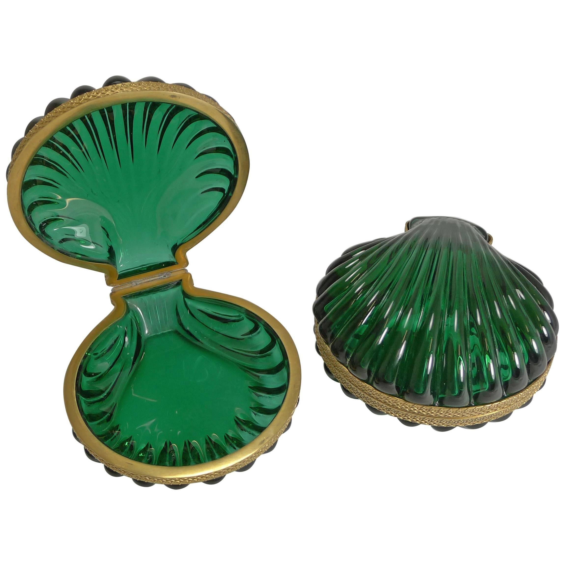 Pair of French Emerald Crystal Shell Shaped Jewelry Boxes, circa 1920