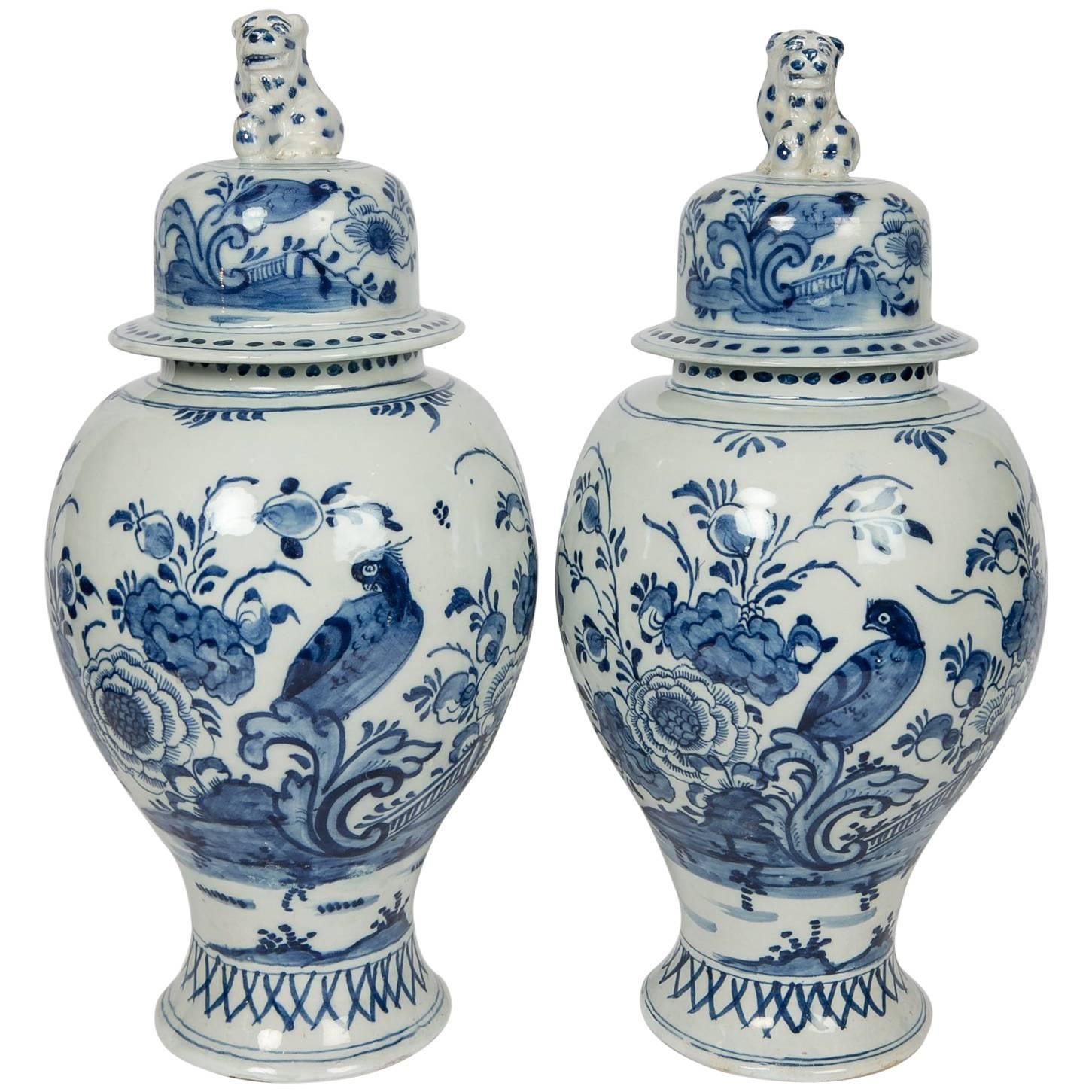 Large Blue and White Delft Mantle Jars Round with Leopard Finials IN STOCK