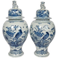 Antique Large Blue and White Delft Mantle Jars Round with Leopard Finials IN STOCK