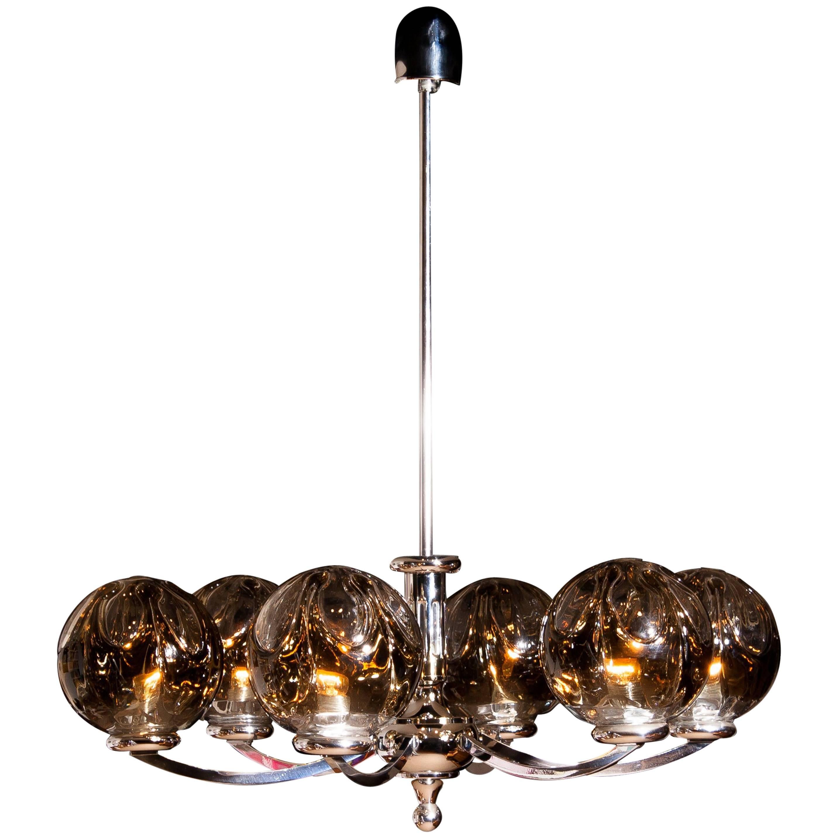 Kaiser Leuchten Chromed Chandelier with six Mouth-Blown Crystal Mazzenga Globes