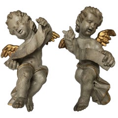 Antique Pair of 17th Century Italian Baroque Carved and Painted Cherubs Sculptures