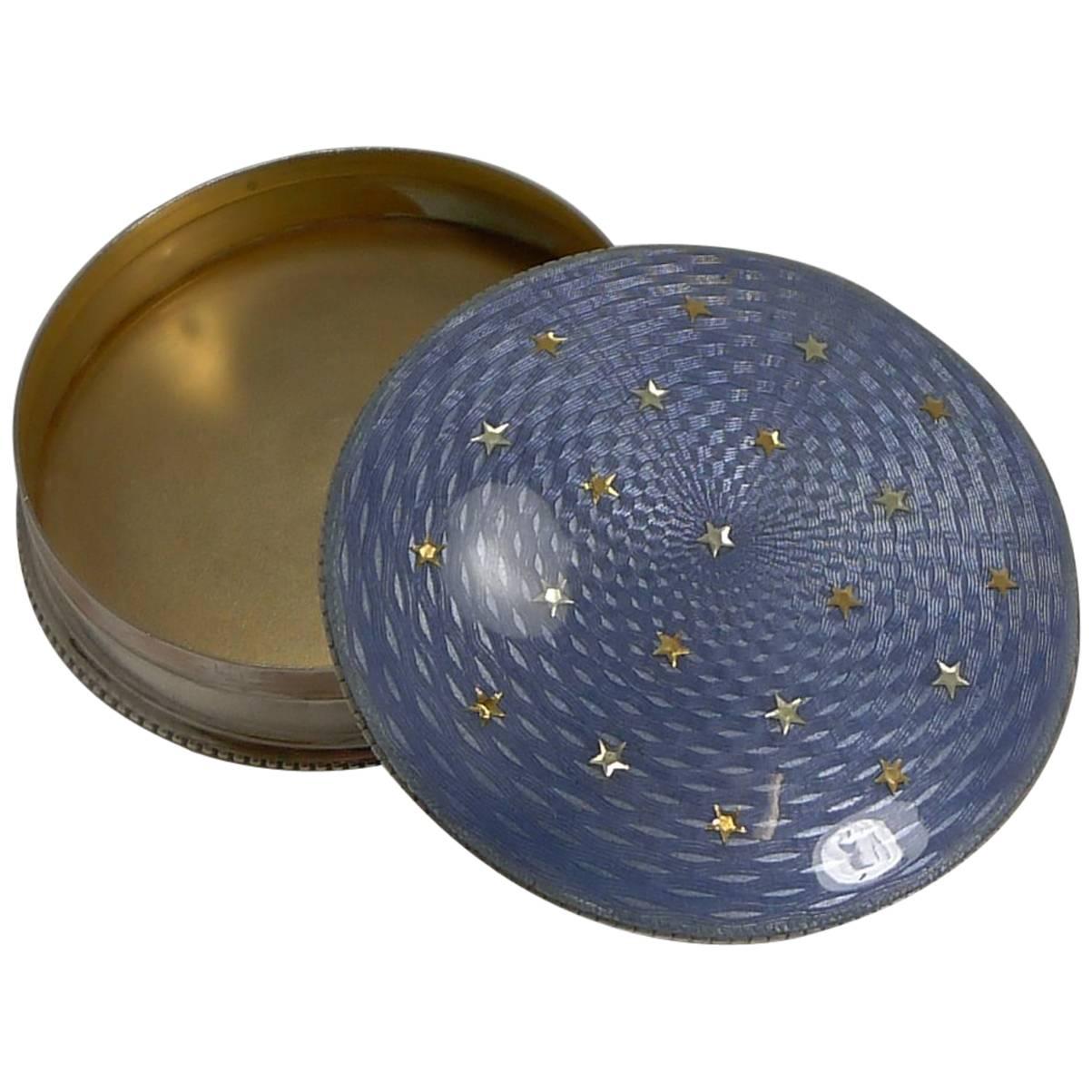 English Sterling Silver and Guilloche Enamel Box, Gold Stars