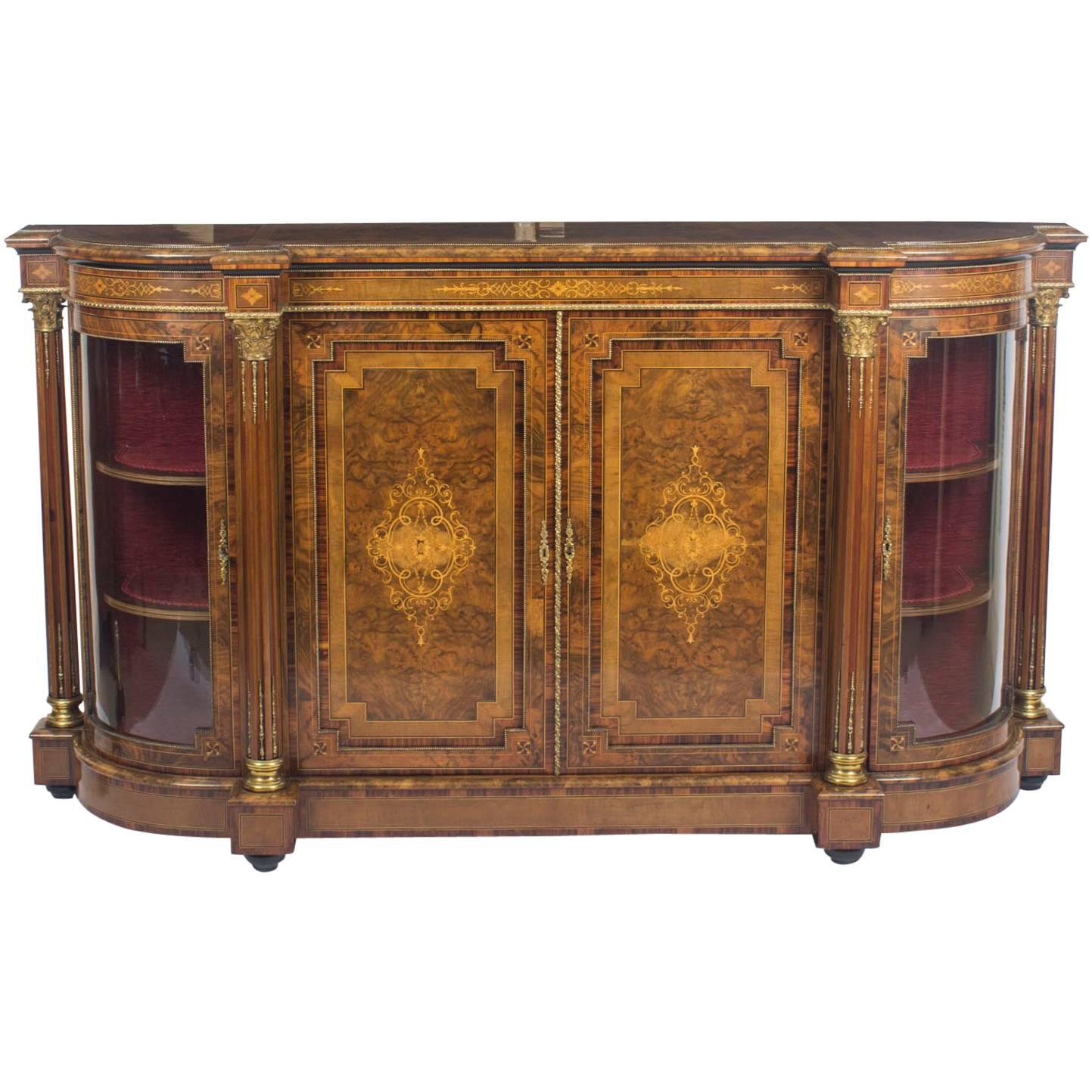 19th Century Victorian Burr Walnut Inlaid Credenza Side Cabinet