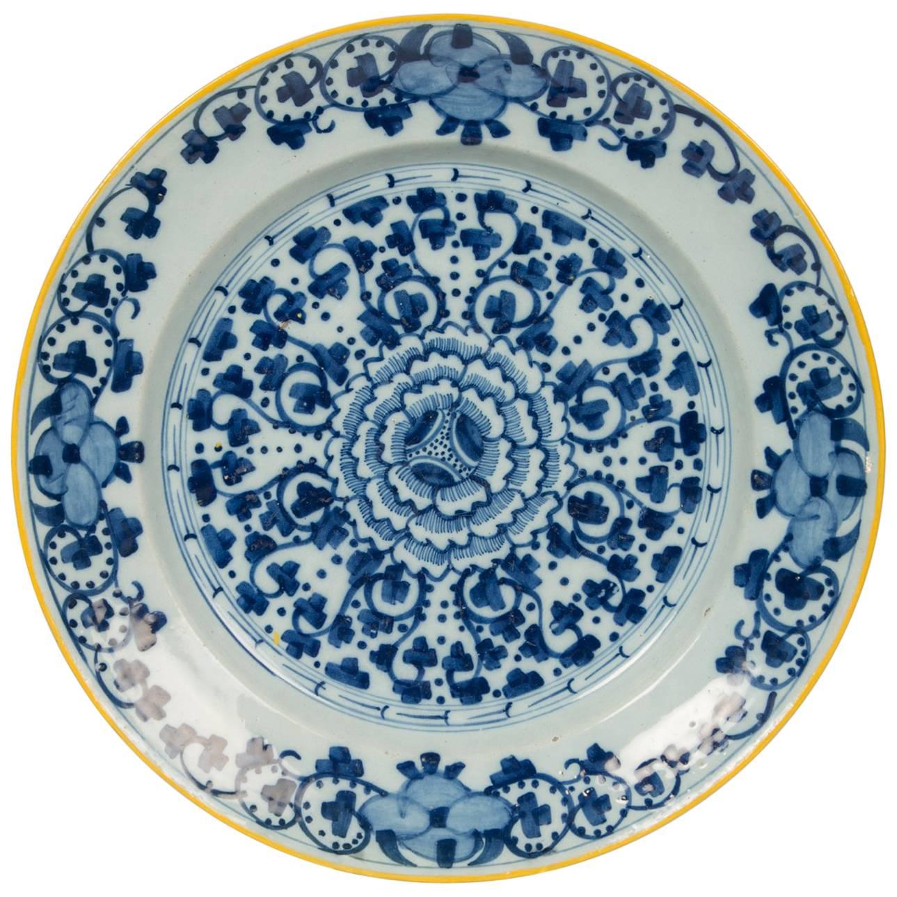 Blue and White Delft Charger with Yellow Edge Made circa 1770