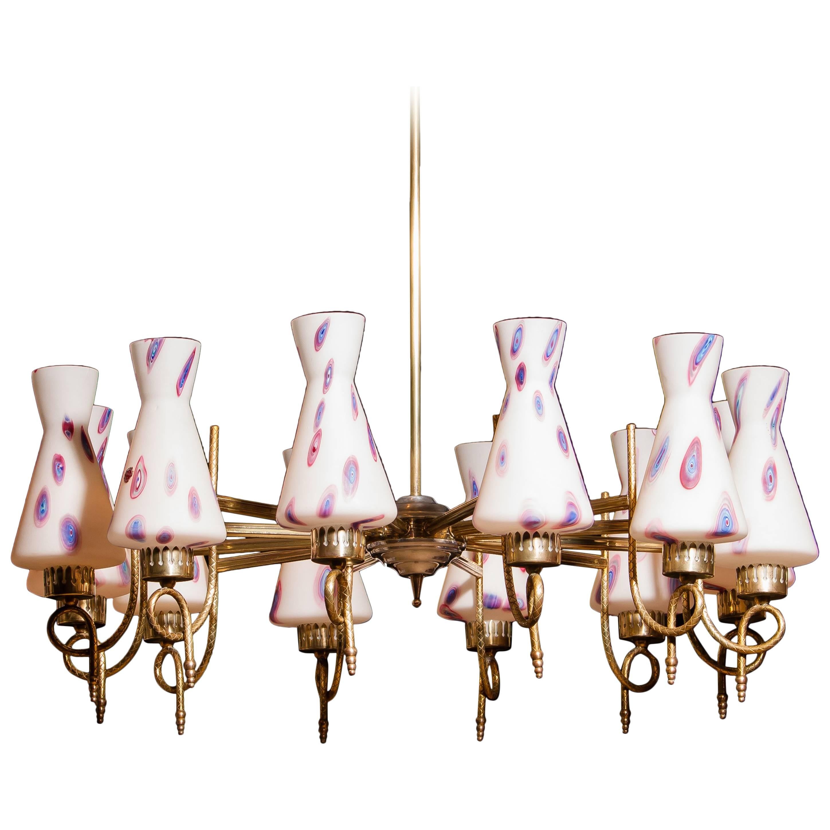 1940s, Large Brass and Multicolored Murano Venini Glass Chandelier