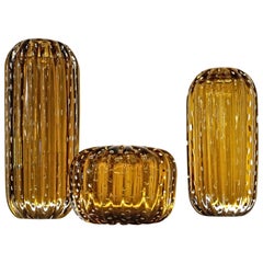 Retro Trittico, Ribbed Baloton Amber Saguaro Shaped Vases, Barovier, 1950 Murano