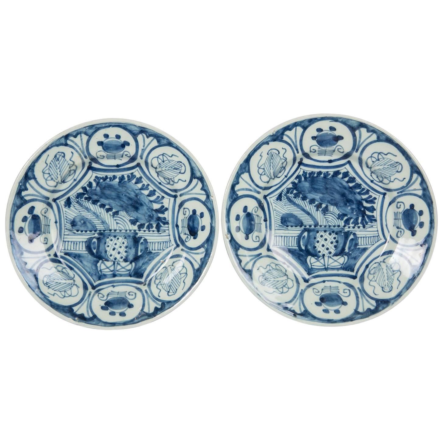  Blue and White Delft Dishes Antique Pair Made circa 1770