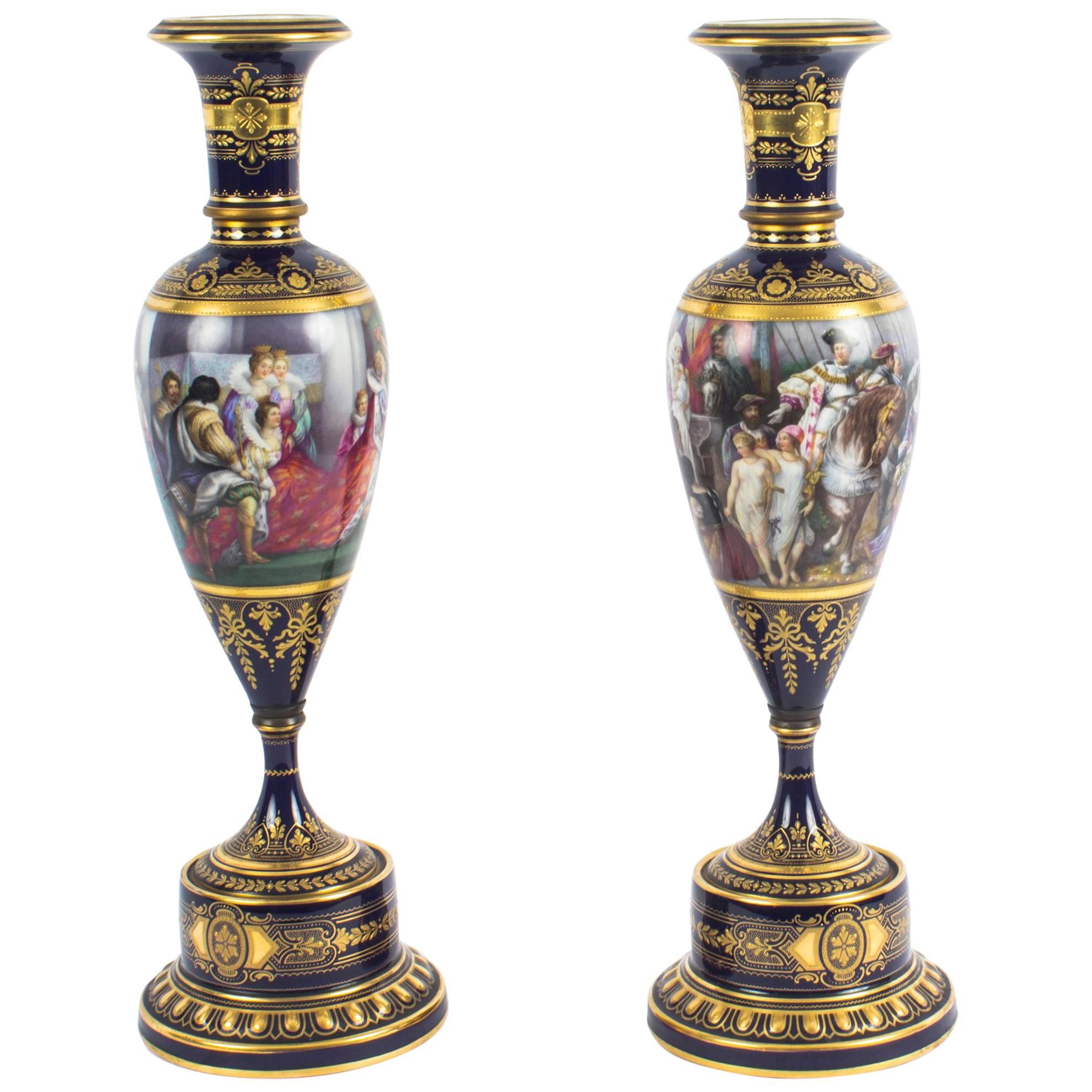 Antique Pair of Vienna Porcelain Pedestal Vases on Stands, 19th Century