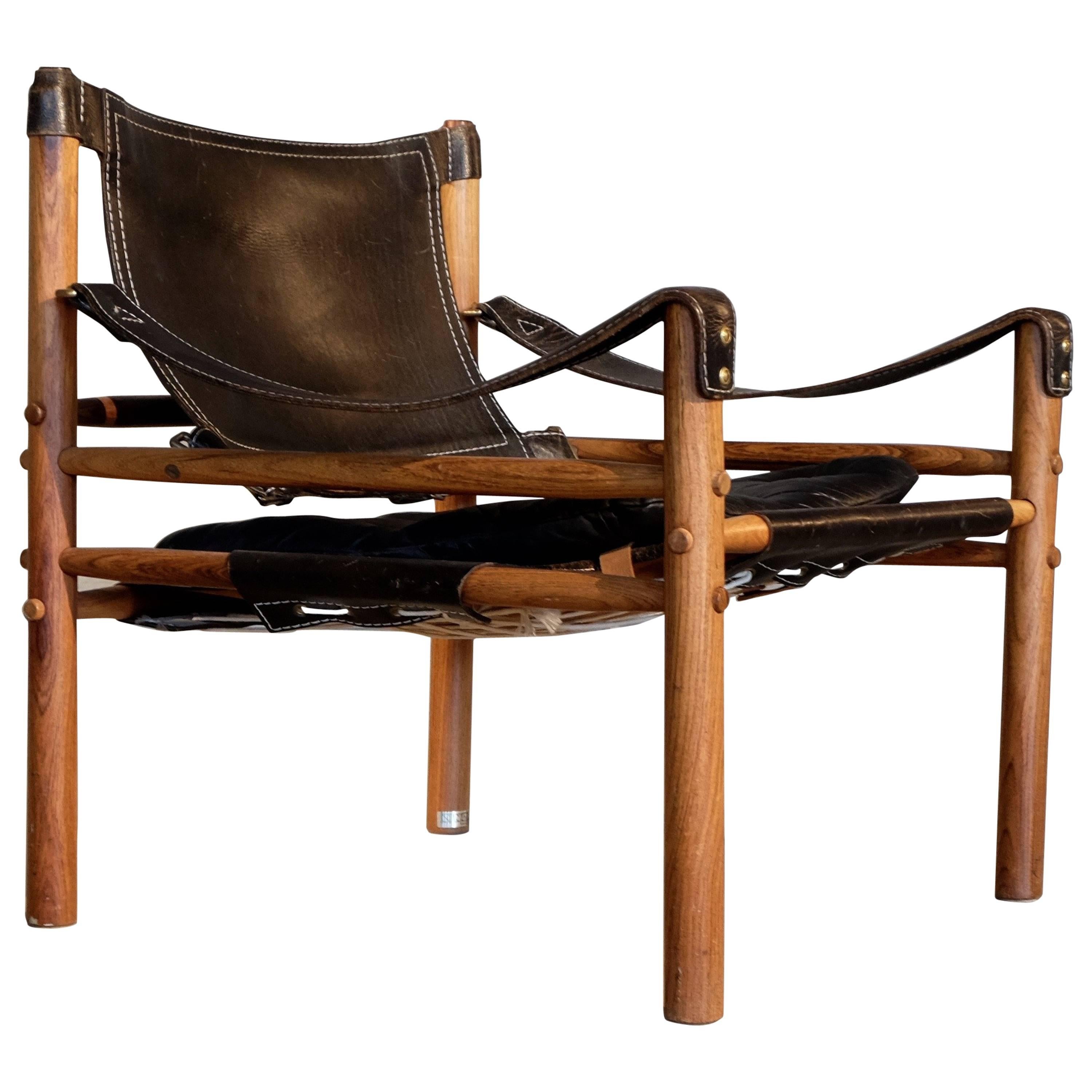 Arne Norell Black Leather Safari Chair Model Sirocco, 1960s