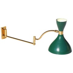 Vintage 1950s by Stilnovo Italian Design Brass Green Applique Adjustable Wall Lamp