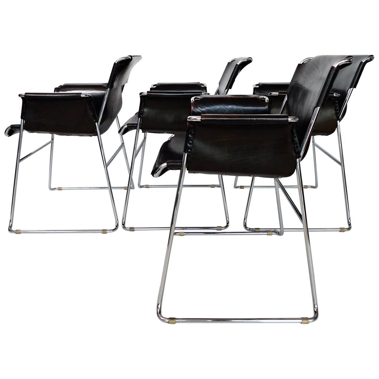 Italian Postmodern Chrome and Leather Chairs, Set of Four