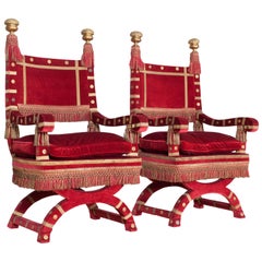 Fauteuils trônes italiens éclectiques en velours rouge