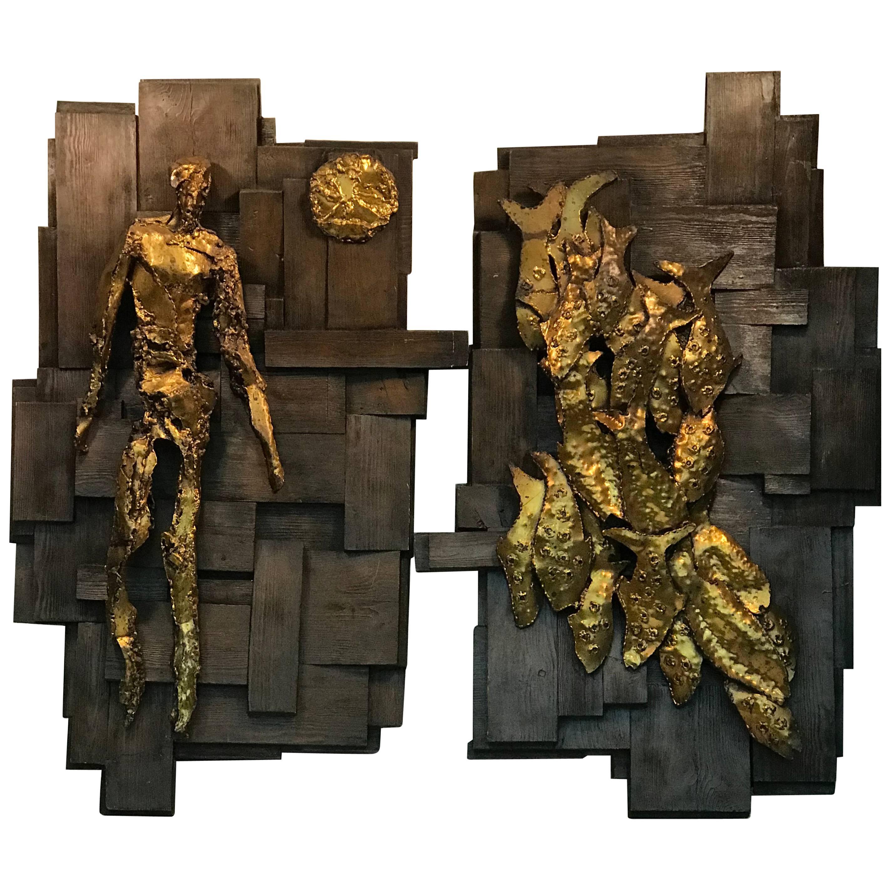 Large Pair of Signed Brutalist Resin Wall Sculptures For Sale
