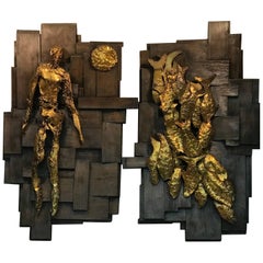 Large Pair of Signed Brutalist Resin Wall Sculptures