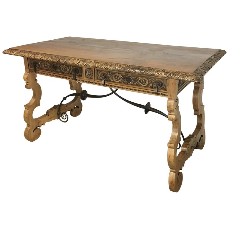 19th Century Walnut And Wrought Iron Desk With Two Drawers And