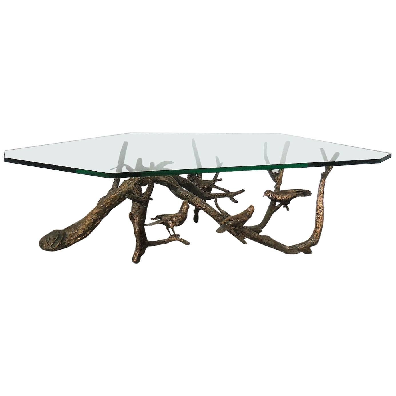 Bronze and Faceted Glass Top Coffee Table with Birds