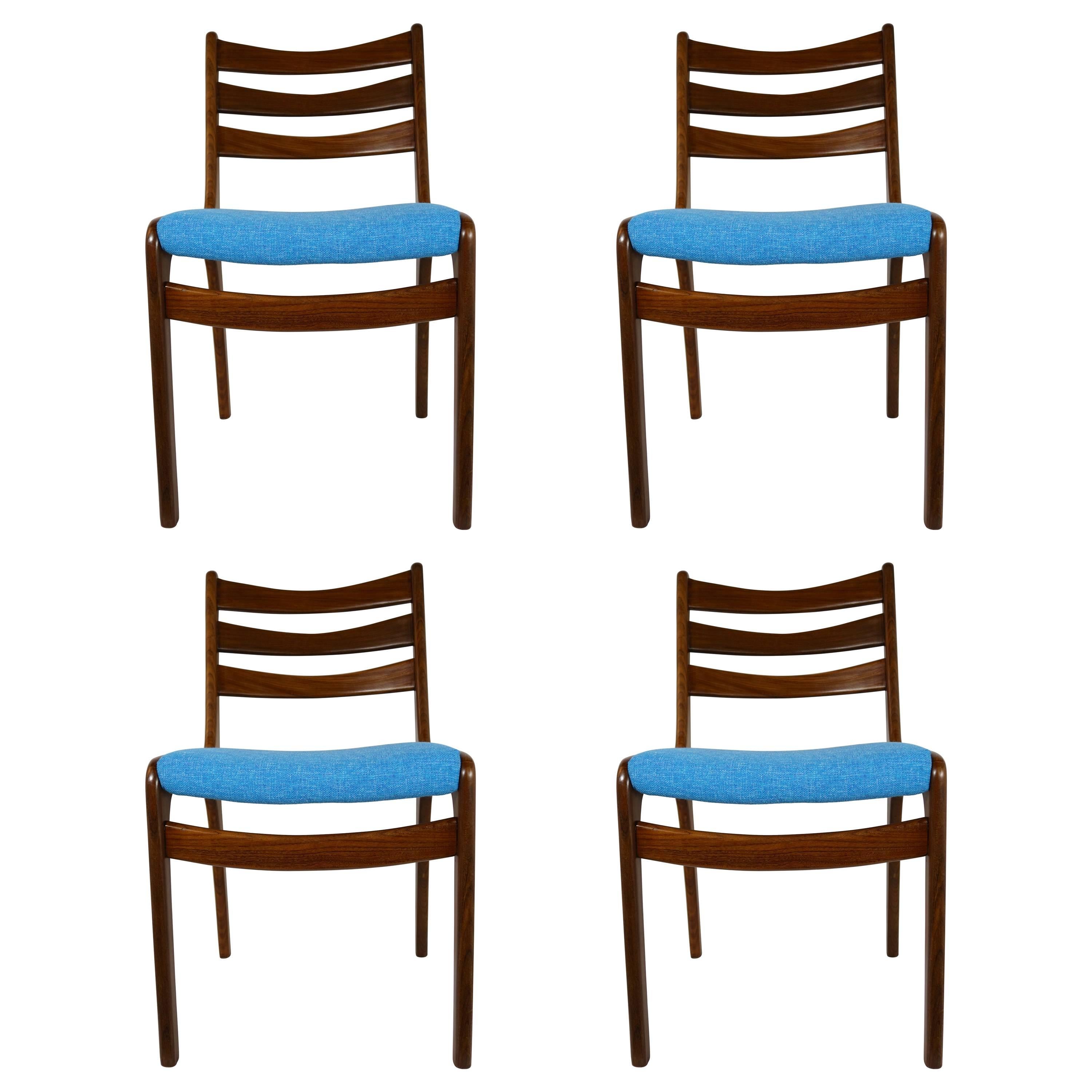 Set of Four Midcentury Scandinavian Teak Dining Chairs Blue Fabric 1960's