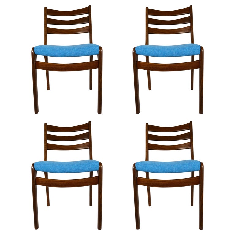 Set of Four Midcentury Scandinavian Teak Dining Chairs Blue Fabric 1960