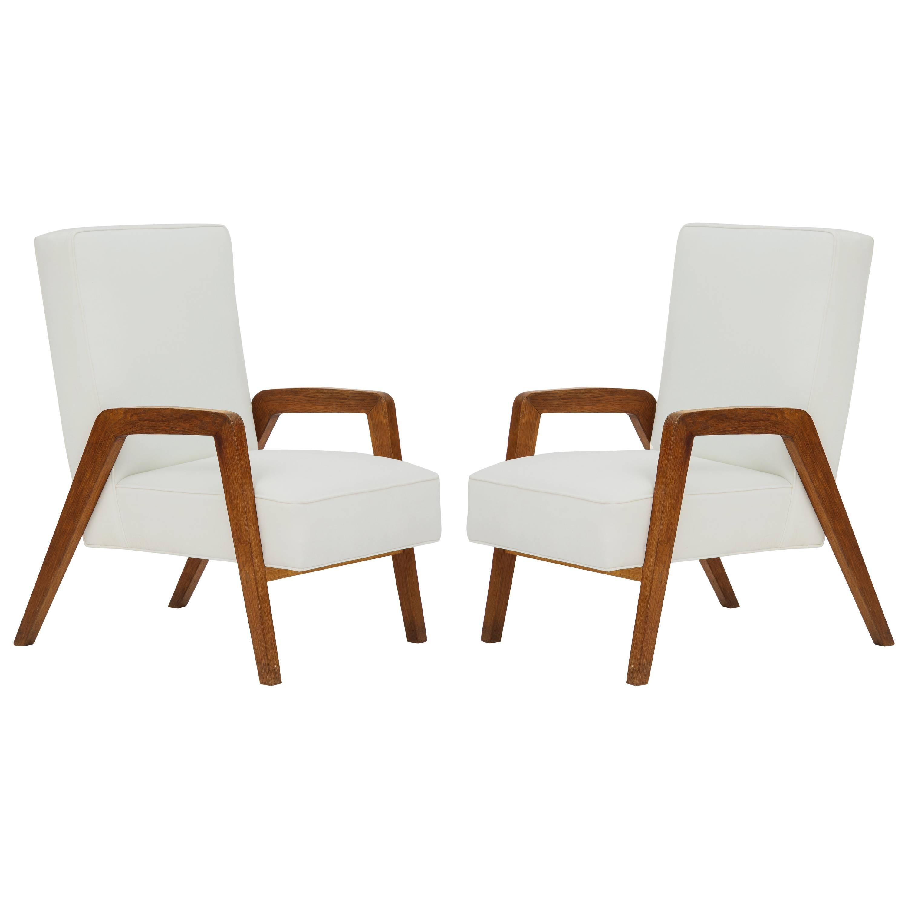 Midcentury Oak Velvet White Jeanneret Style Pair of Lounge Chairs France 1950s