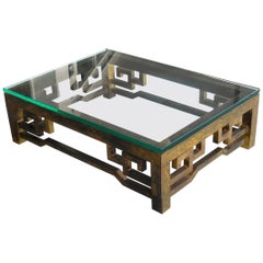 Patinated Brass Low Coffee Table with Greek Key Design, Laverne Style