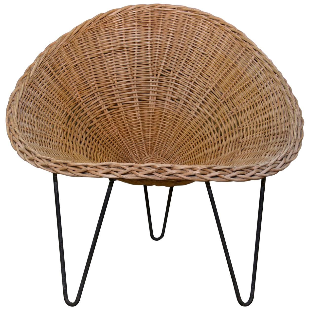Wicker and Iron Lounge Chair, France, Midcentury, 1950s