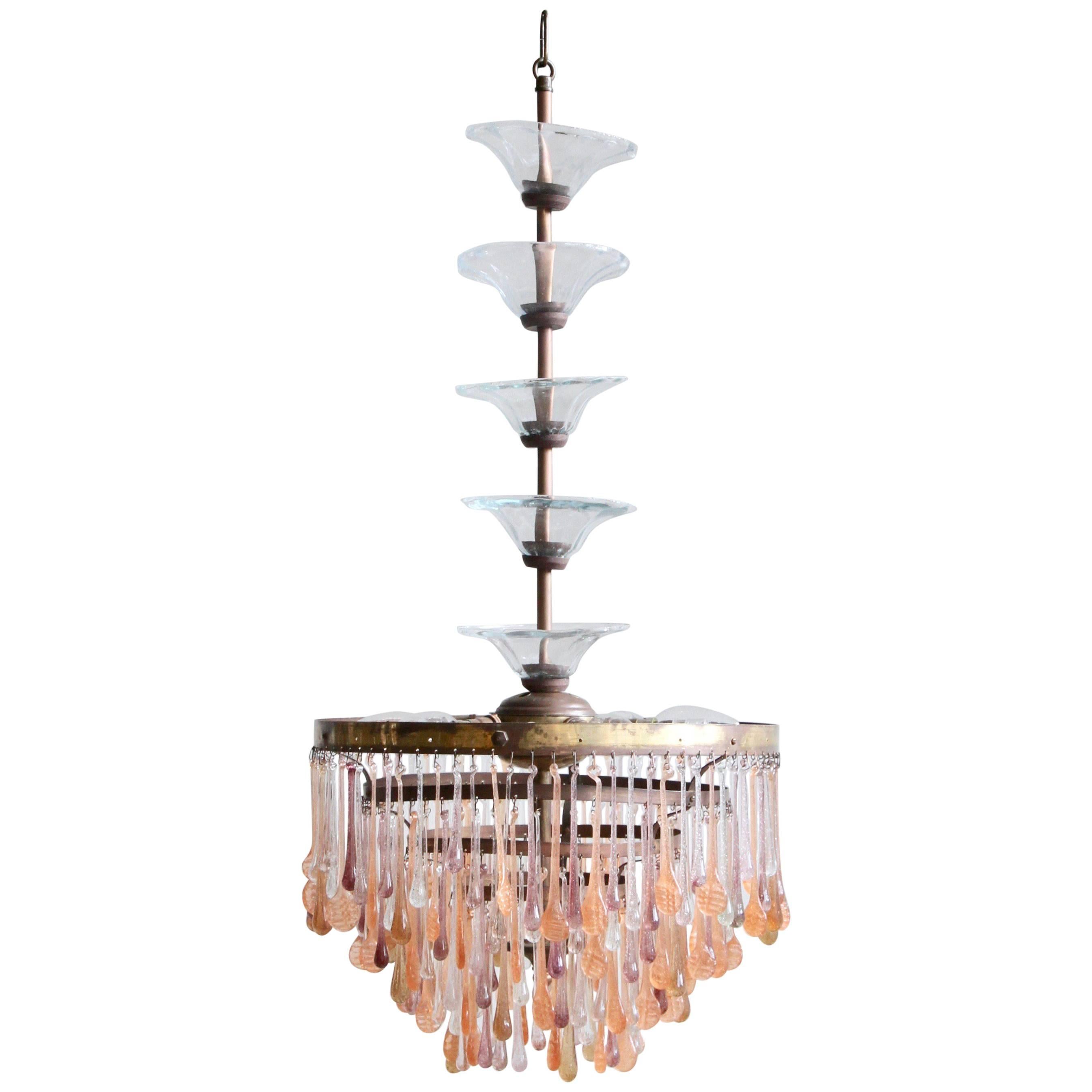 Reworked 1920s French Chandelier with Vintage and Contemporary Peach Glass Drops