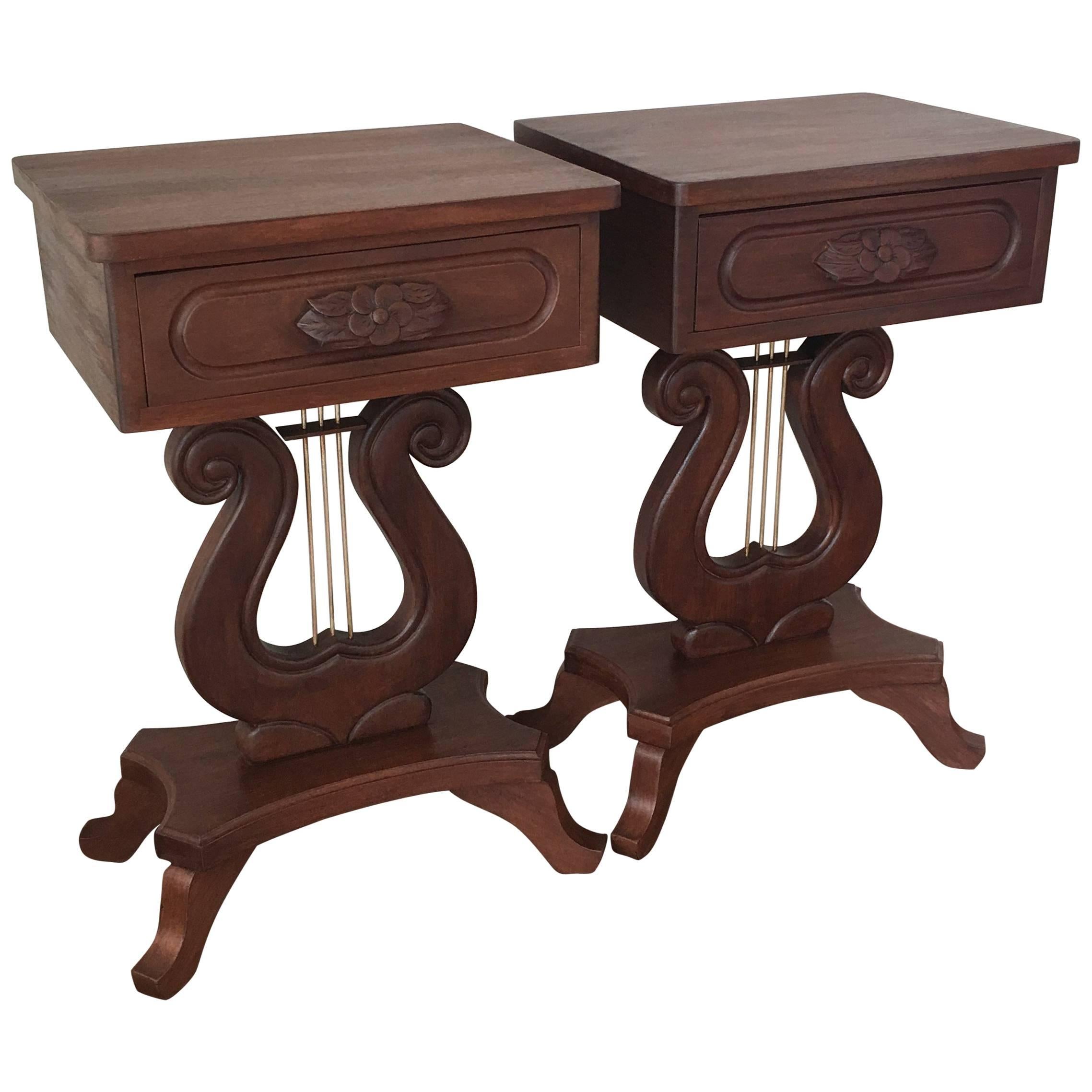20th Century Pair of Nightstands in Mahogany with Lyre Leg and Bronze