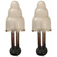 Antique Incredible Pair of French Art Deco "Waterfall" Table Lamps Signed by Sabino