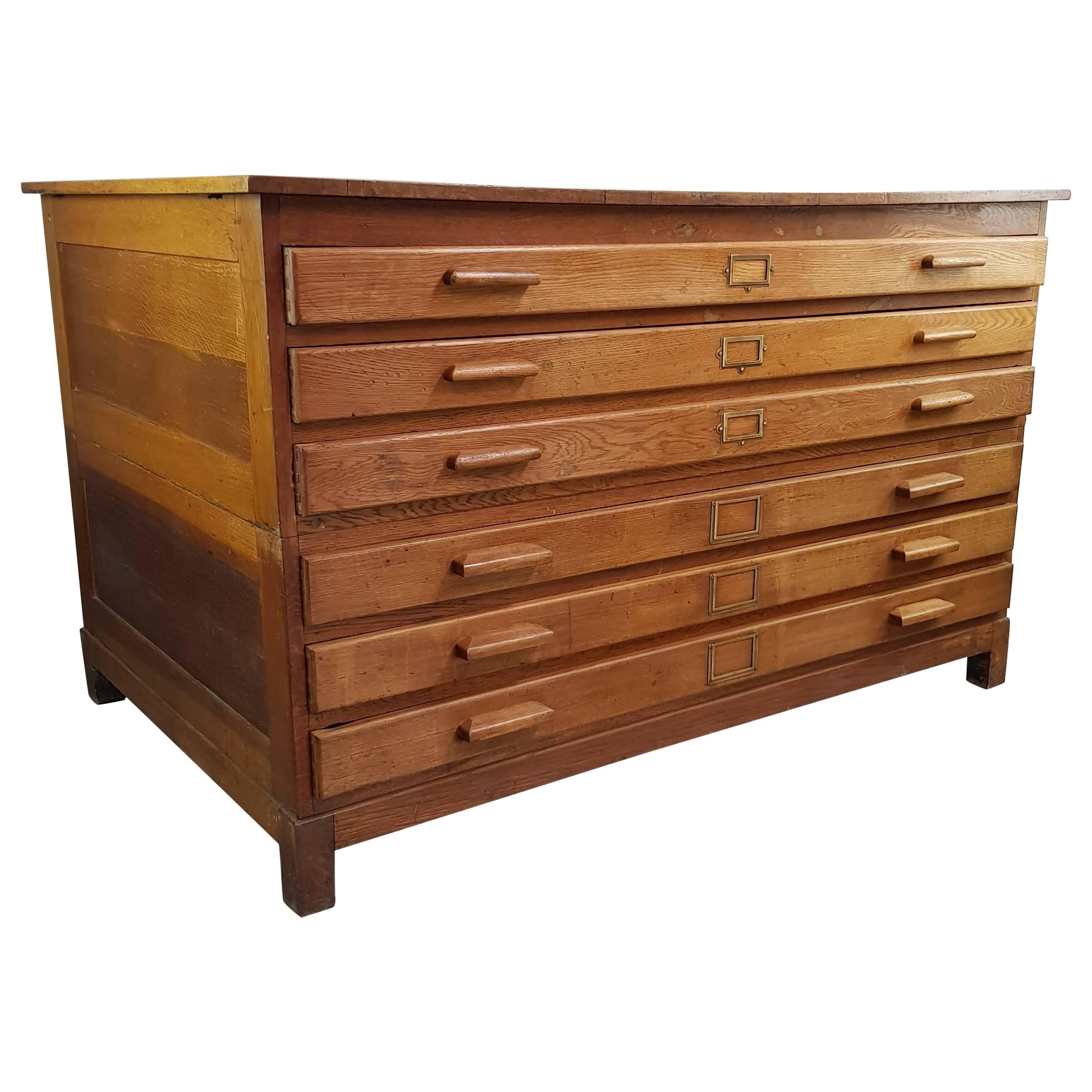 Vintage Midcentury Six Drawer Plan Chest with Panelled Sides For Sale