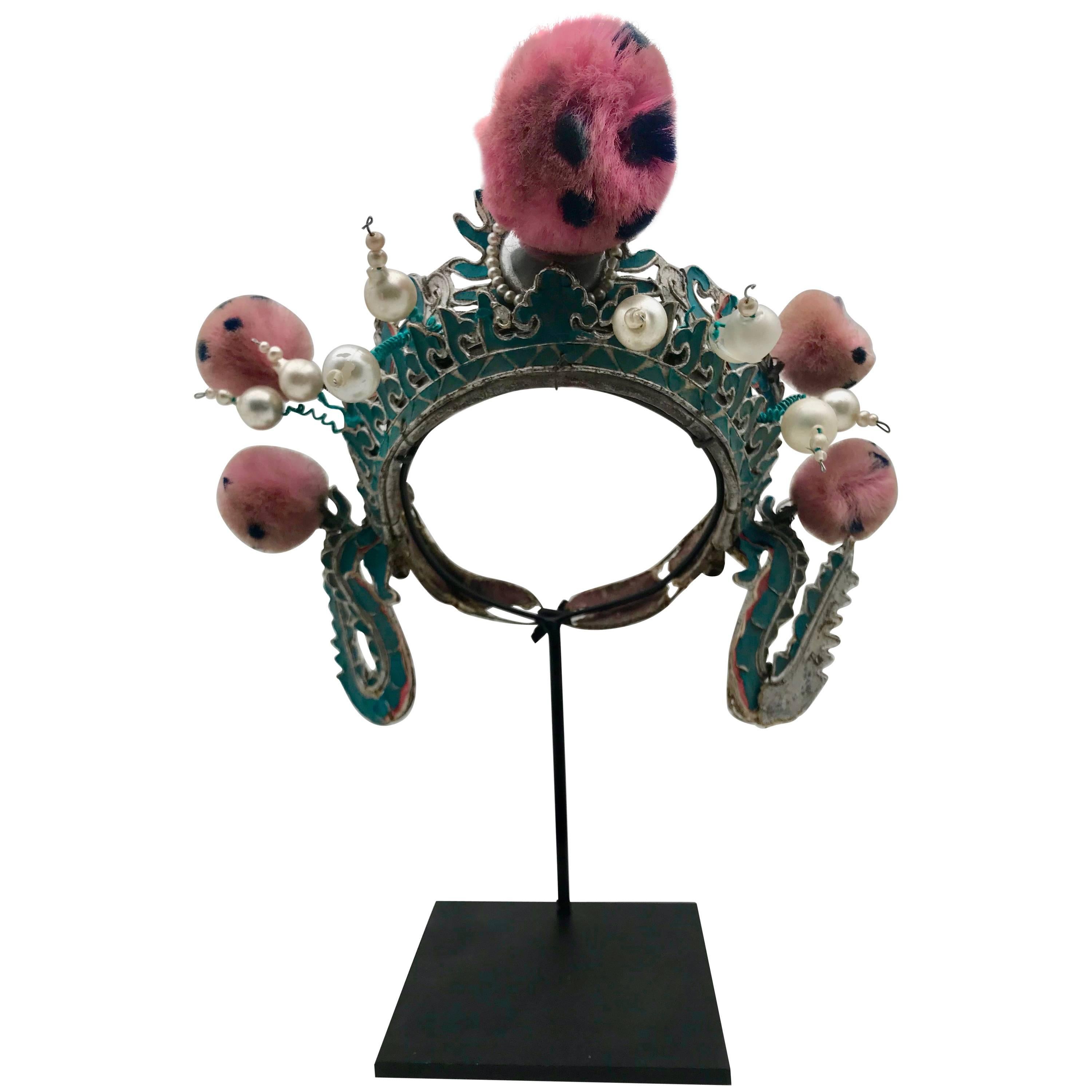 Vintage Silver and Turquoise Chinese Opera Theatre Headdress Pink/Blue Pom Poms