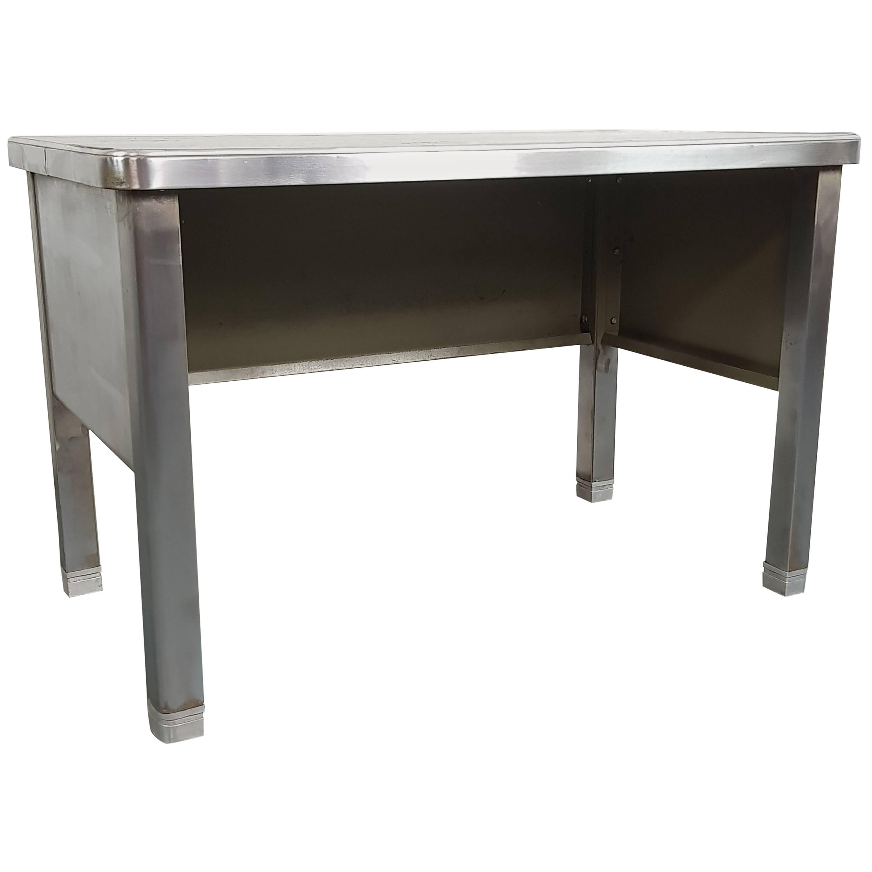 Vintage Industrial Stripped and Polished Steel Desk from 1960 For Sale