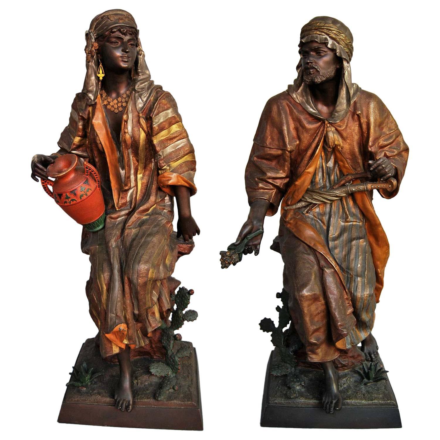 Superb Pair of Orientalist Spelter Sculptures by Anatole Guillot, 19th Century For Sale