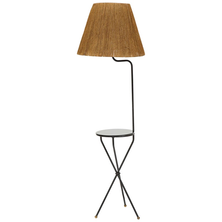 French Midcentury Tripod Iron Black Floor Lamp Horsehair Lampshade French Midcentury Tripod Iron Black Floor Lamp Horsehair Lampshade 1950 1960 For