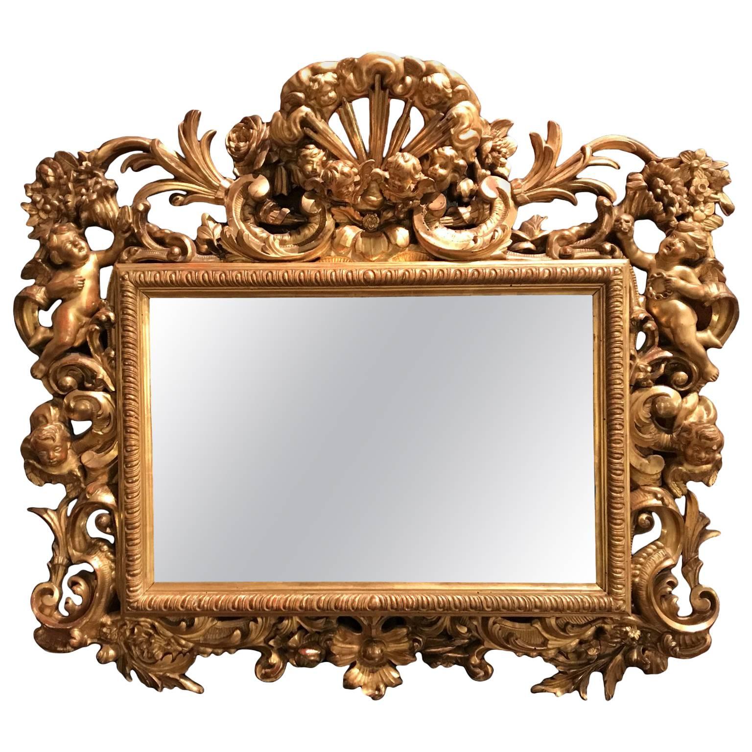 19th Century Italian Gilt Wood Mirror Cherubs Carving Rococo Style 