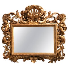 19th Century Italian Gilt Wood Mirror Cherubs Carving Rococo Style 