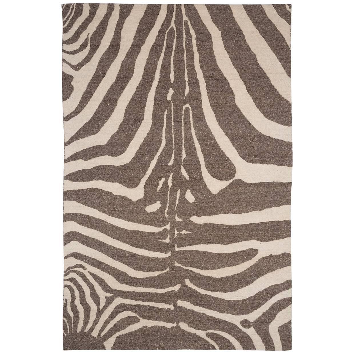 Zebra Design Brocade Weave Area Rug in Grey and White Wool