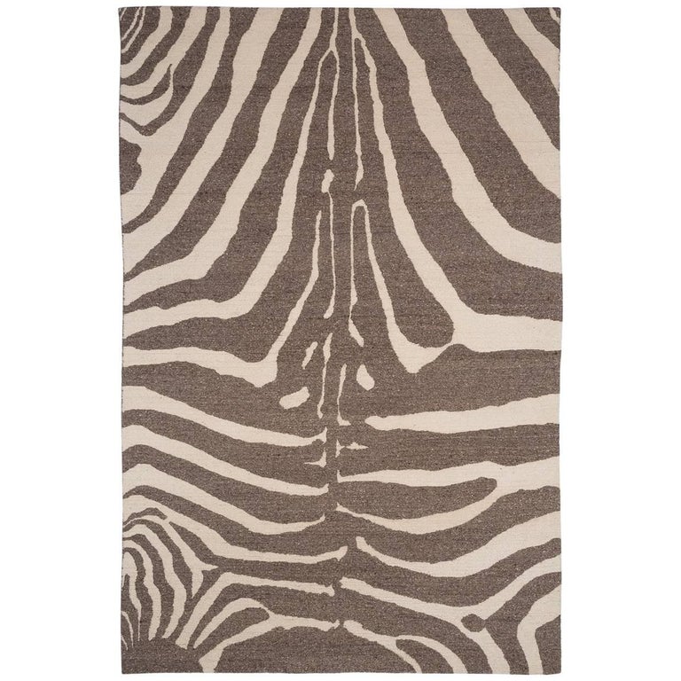 Zebra Design Brocade Weave Area Rug in Grey and White Wool For Sale at